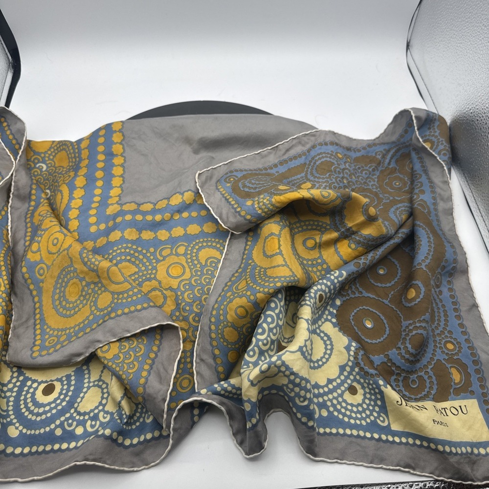Vintage Women's Jean Patio Silk Scarf Gray Green Blue Brown Made In France